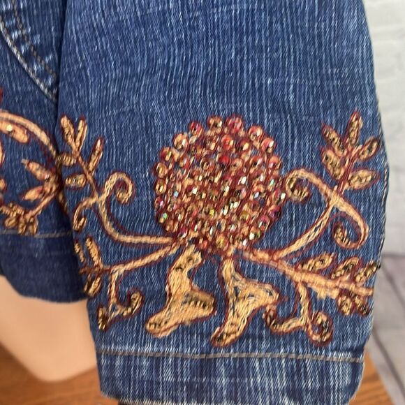24 Karat Vintage Y2K Boho Embroidered & beaded Denim Jacket Distressed XL - Picture 9 of 10